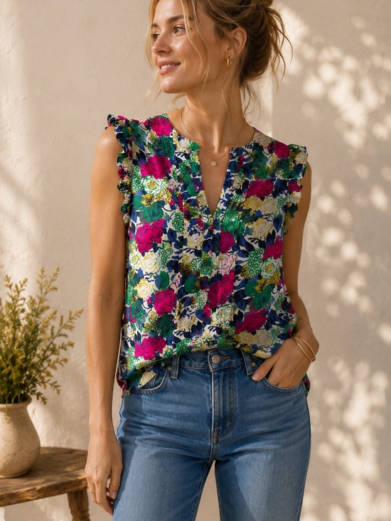 Boden Tops - Boden Women’s 4 Sleeveless Floral Ruffle Trim V-Neck Blouse Top Small
